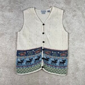 Croft & Barrow Womens Moose Cabin Embroidered Knit Sweater Vest Cream Medium